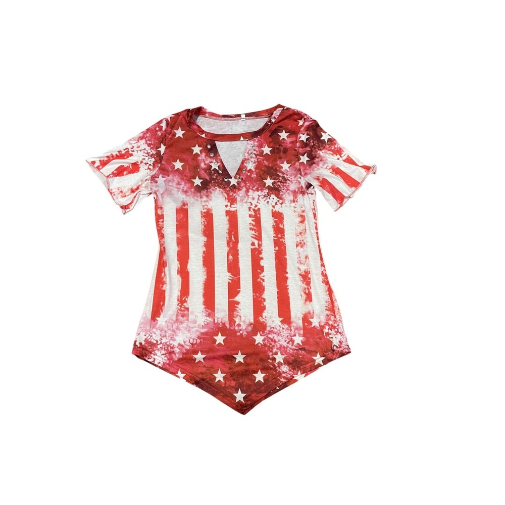 Shein Curve American Flag Stars Stripes Grommet V-Neck Handkerchief Hem Top S